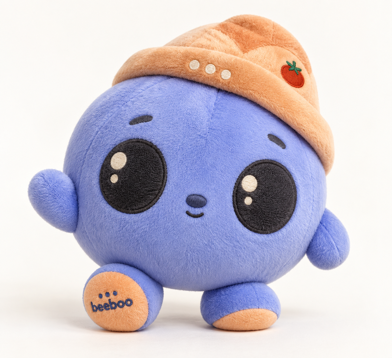 Beeboo, a blue plush toy wearing an orange hat